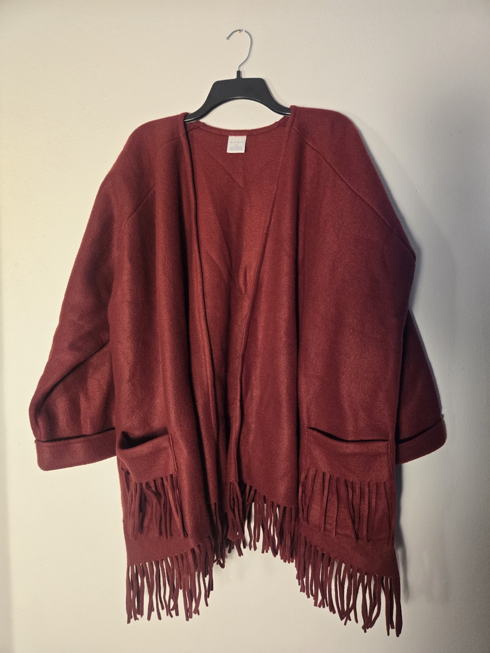 Avon Burgundy Open-Front Fringe Poncho Cardigan Size M/L